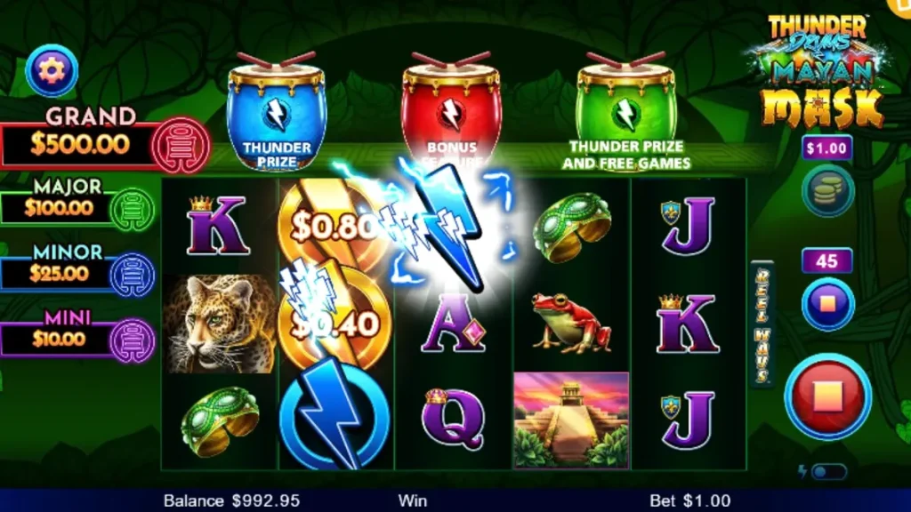 Tampilan visual slot Thunder Drums Mayan Mask dengan latar belakang kuil Maya dan simbol topeng emas.