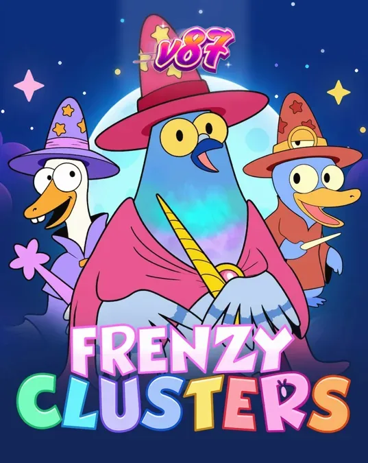 Tampilan visual slot Frenzy Clusters dengan karakter kartun dan grid 7x7